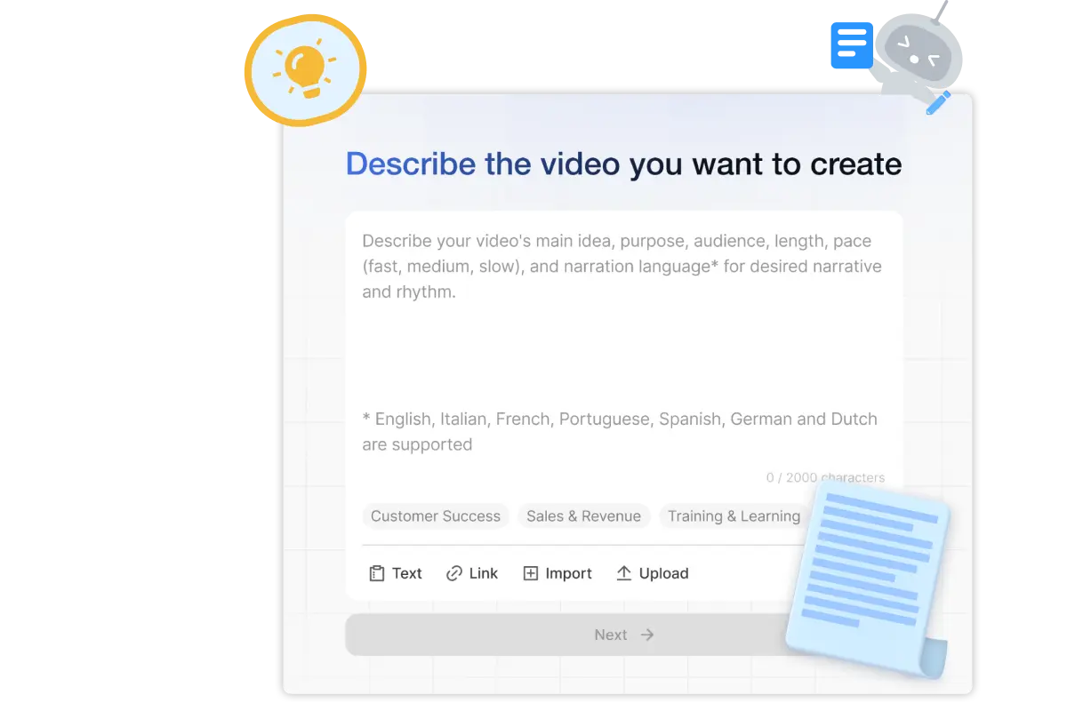 AI video generator that lets you start with text, audio, images, or video to quickly turn ideas into content.